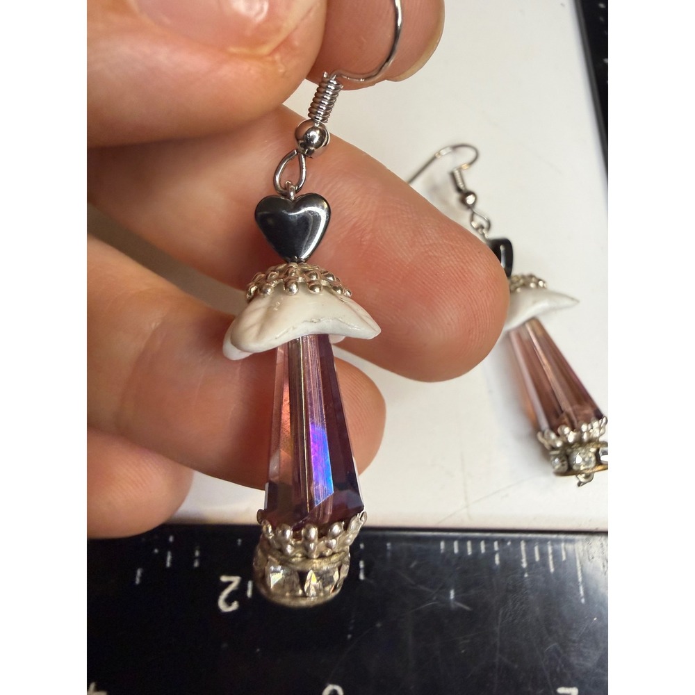 Purple Crystal Mushroom Drop Earrings Heart Rhinestone Silver Tone Dangle 2"